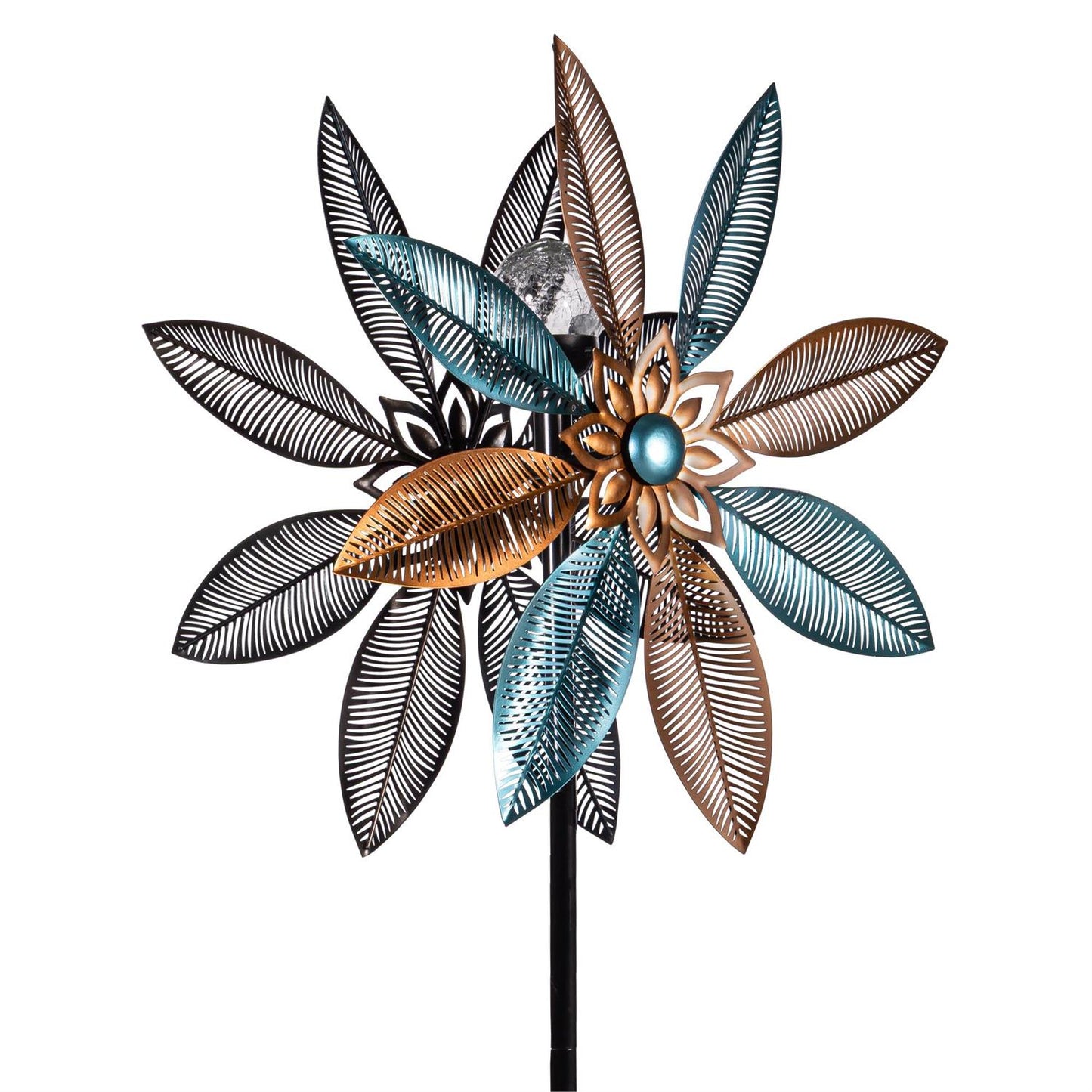 Metal Solar Wind Spinner, Copper and Turquoise Petal Flower 75"