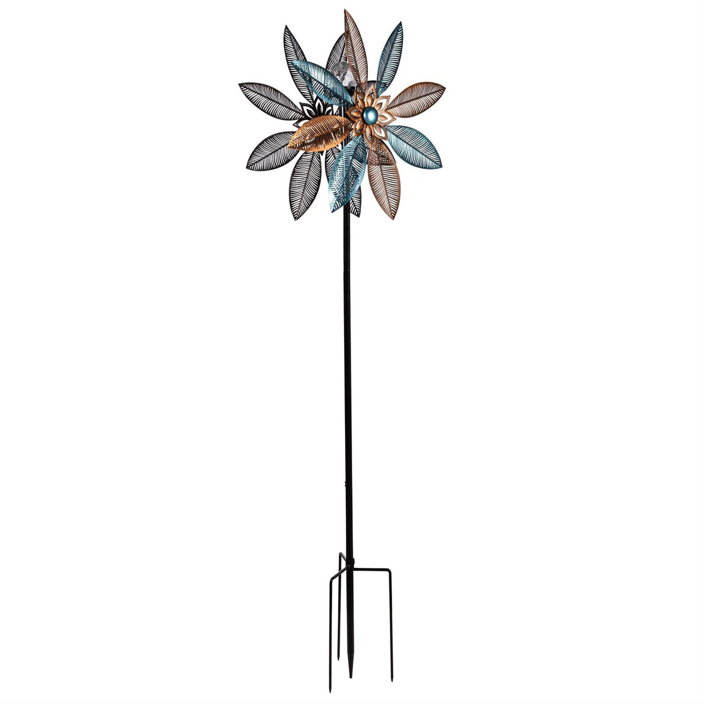 Metal Solar Wind Spinner, Copper and Turquoise Petal Flower 75"