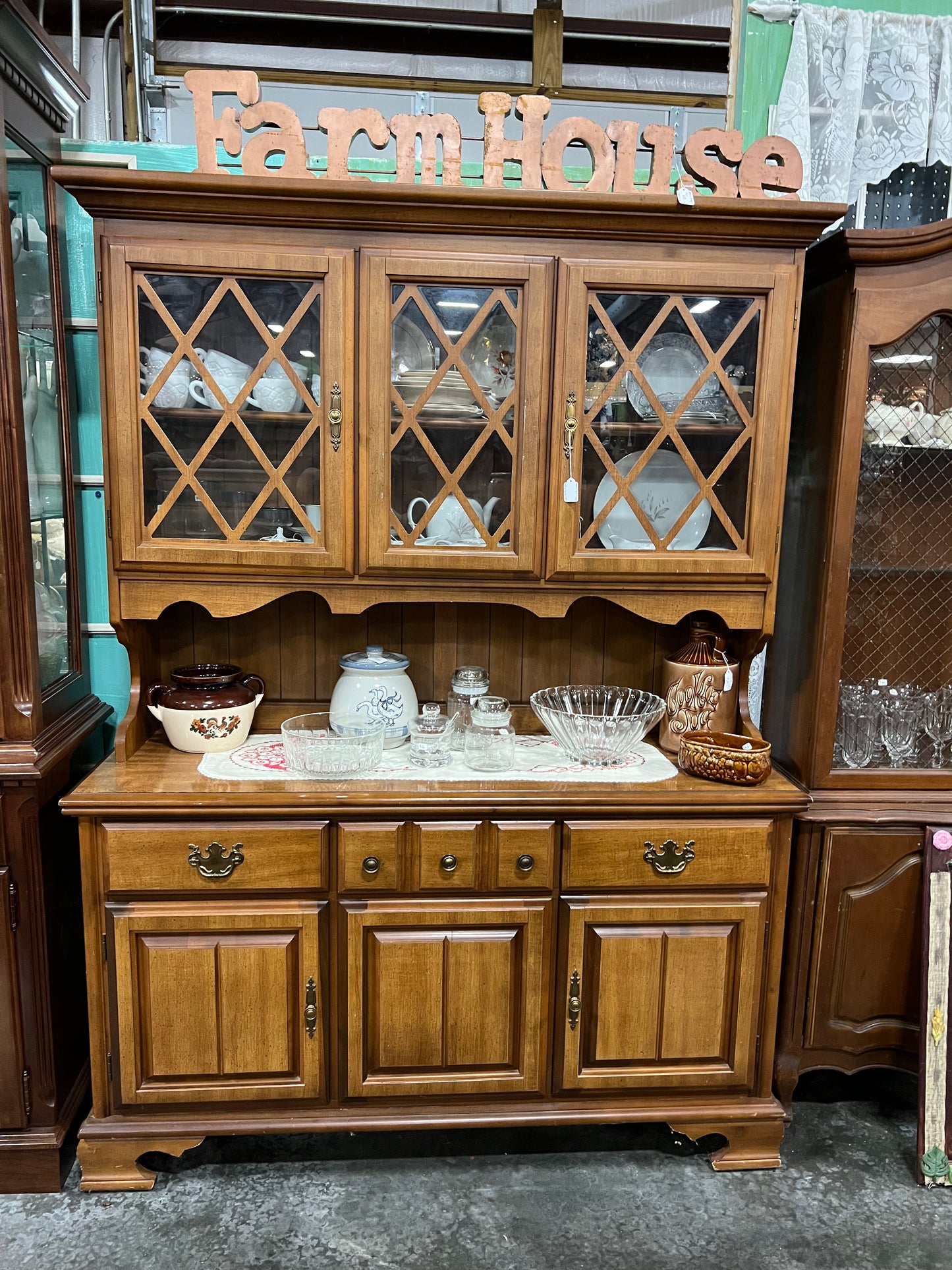 Mid Century Farmhouse Style Two Piece China Hutch