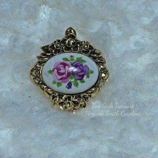 Vintage roses on porcelain necklace slide