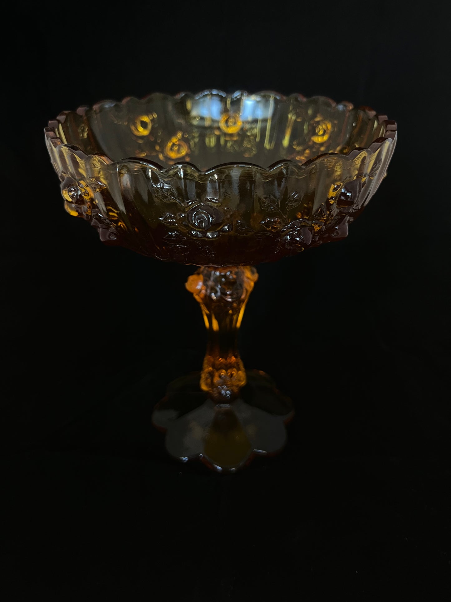 Fenton Amber Colonial Rose Compote Candy dish