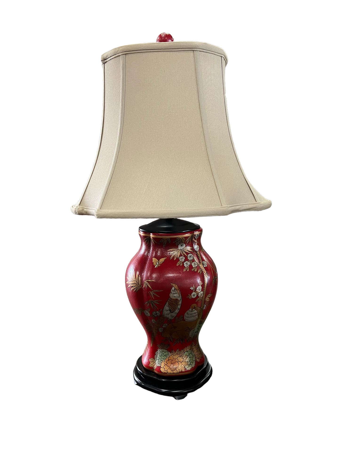 Pheasant and Flower Chinese Red Lacquer Table Lamp