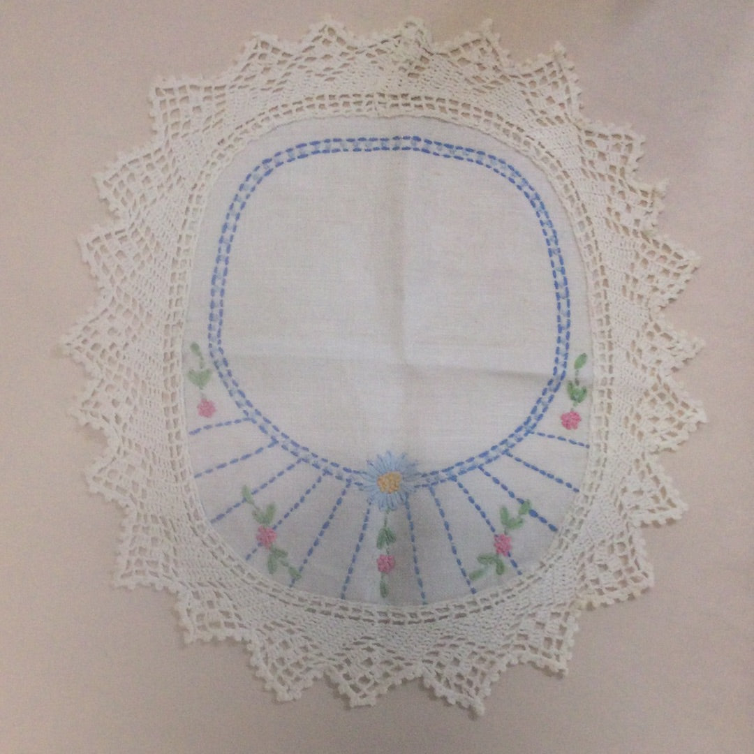 Doily-12”x13” Oval Hand Embroidered and Crocheted