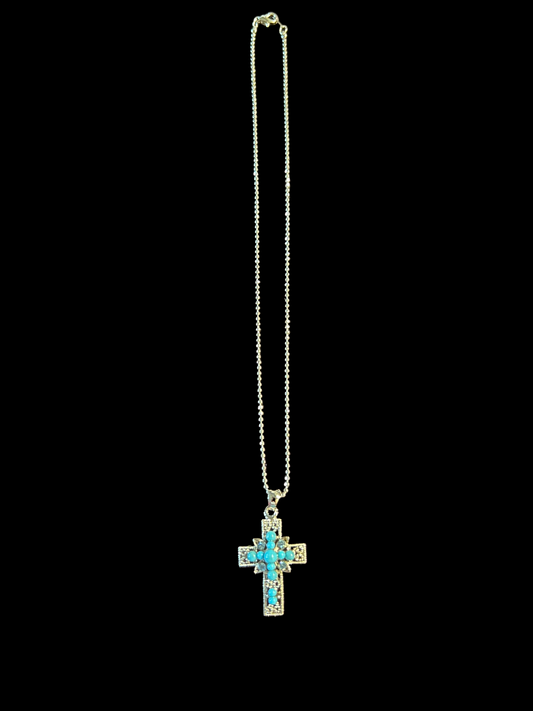 Silver & Simulated Turquoise Cross Necklace