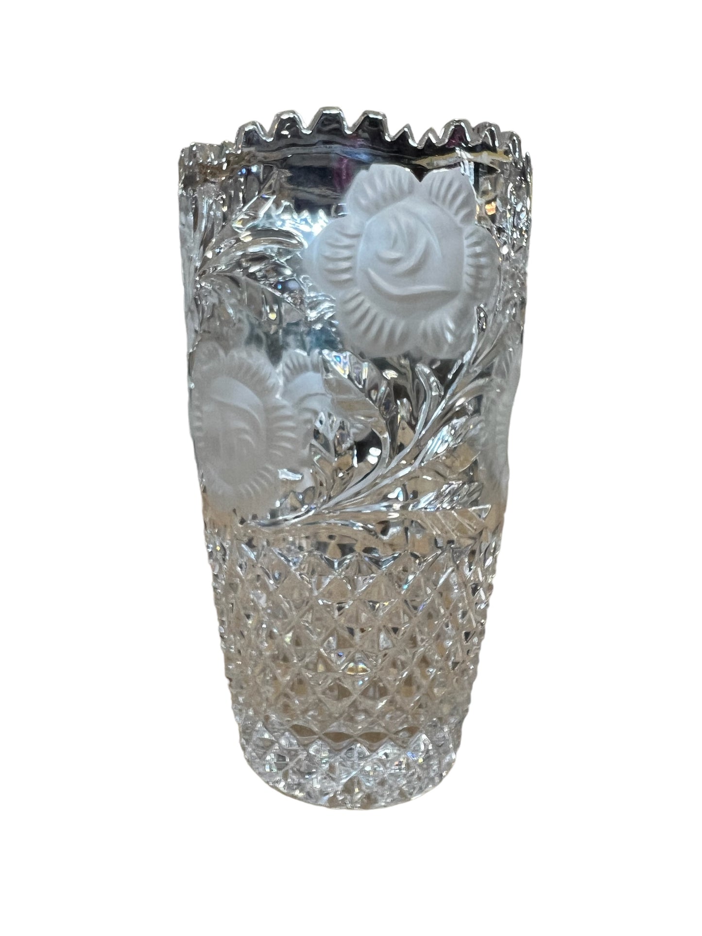 West German Hand Cut Crystal Vase Roses Sawtooth edge