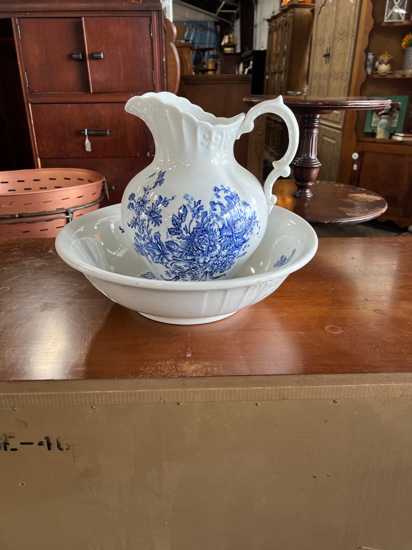 Cobalt Blue and White Early 1900's Tranferware bowl and pitcher