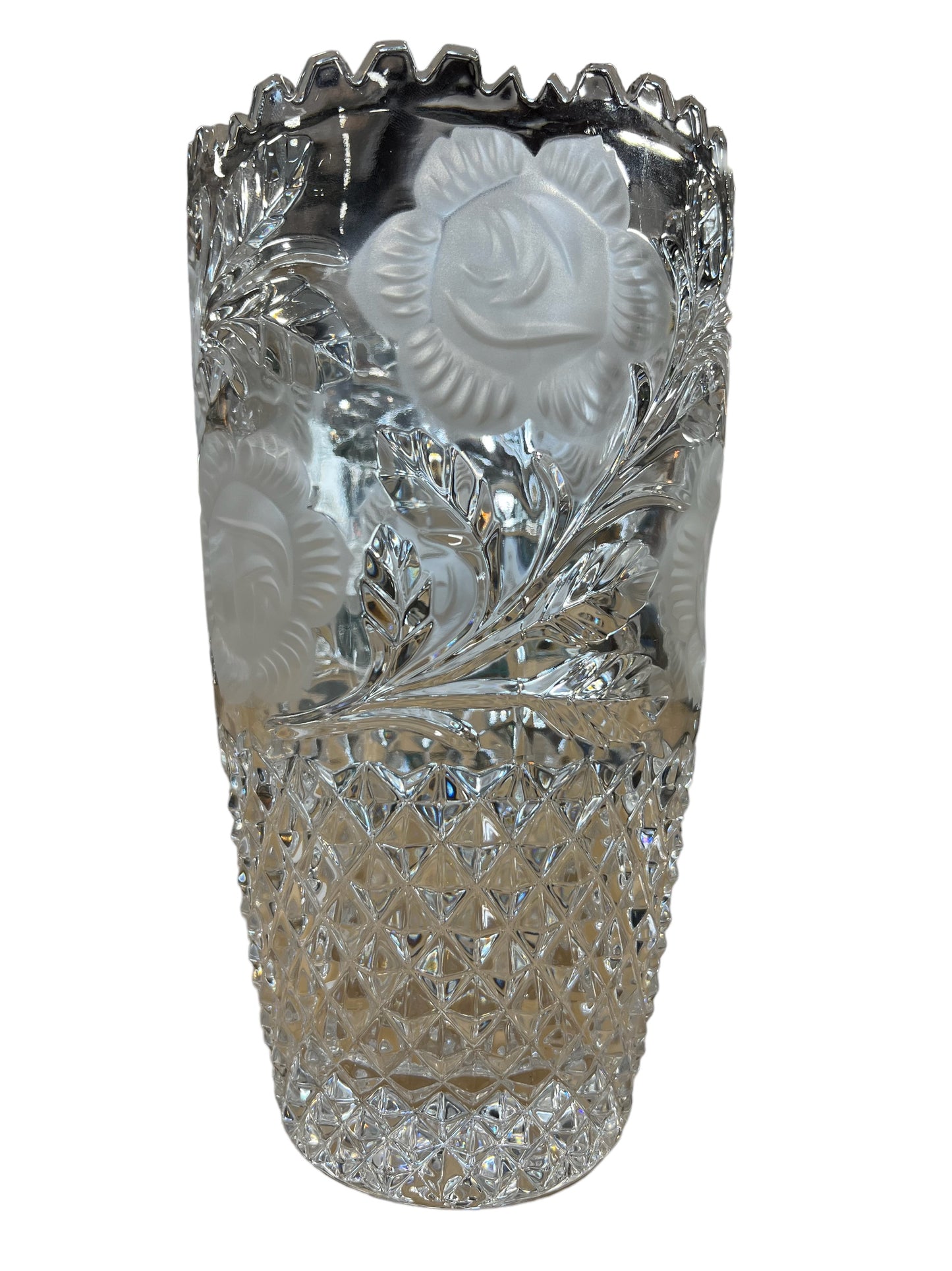 West German Hand Cut Crystal Vase Roses Sawtooth edge