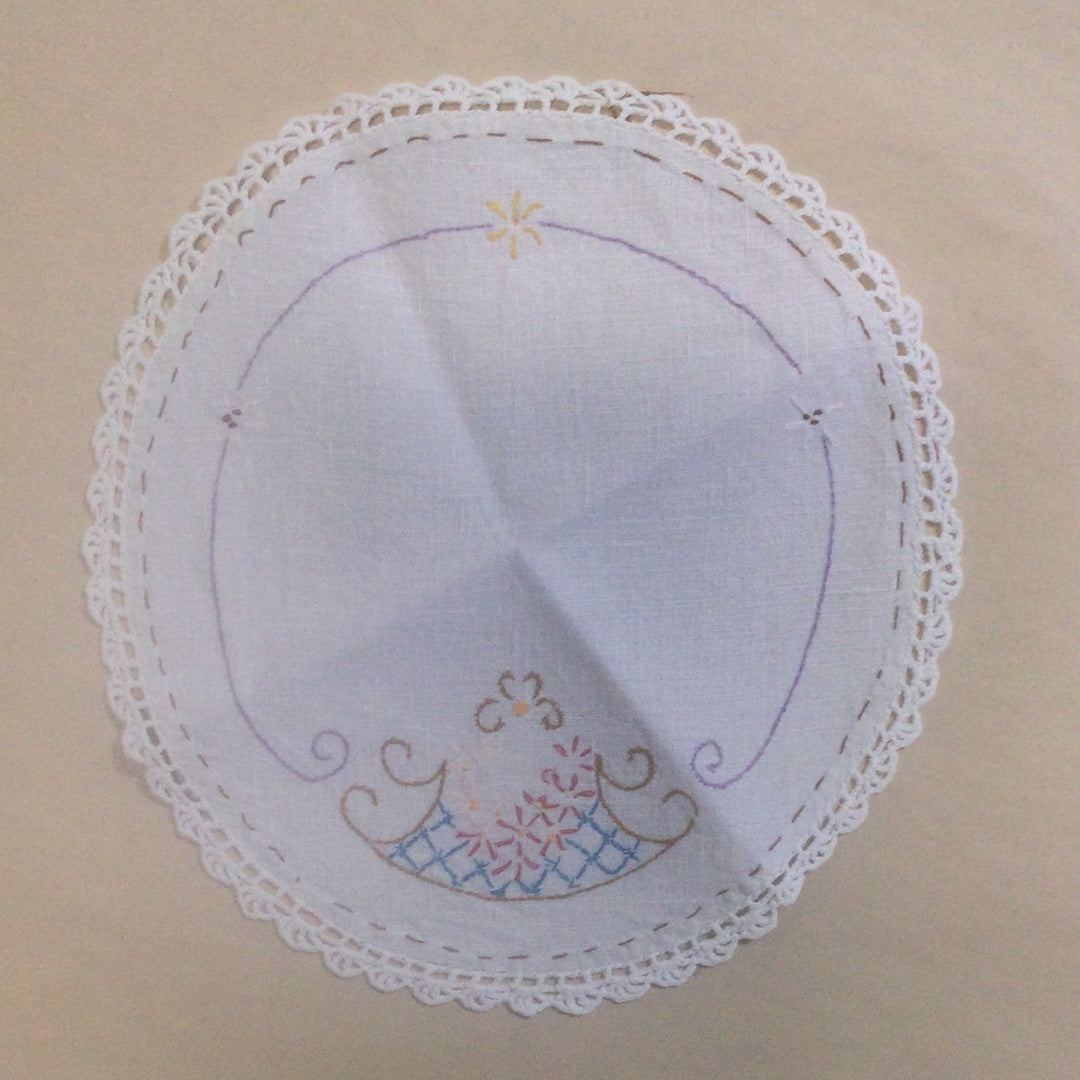 Doily-12” Round Linen, Embroidered and Crocheted