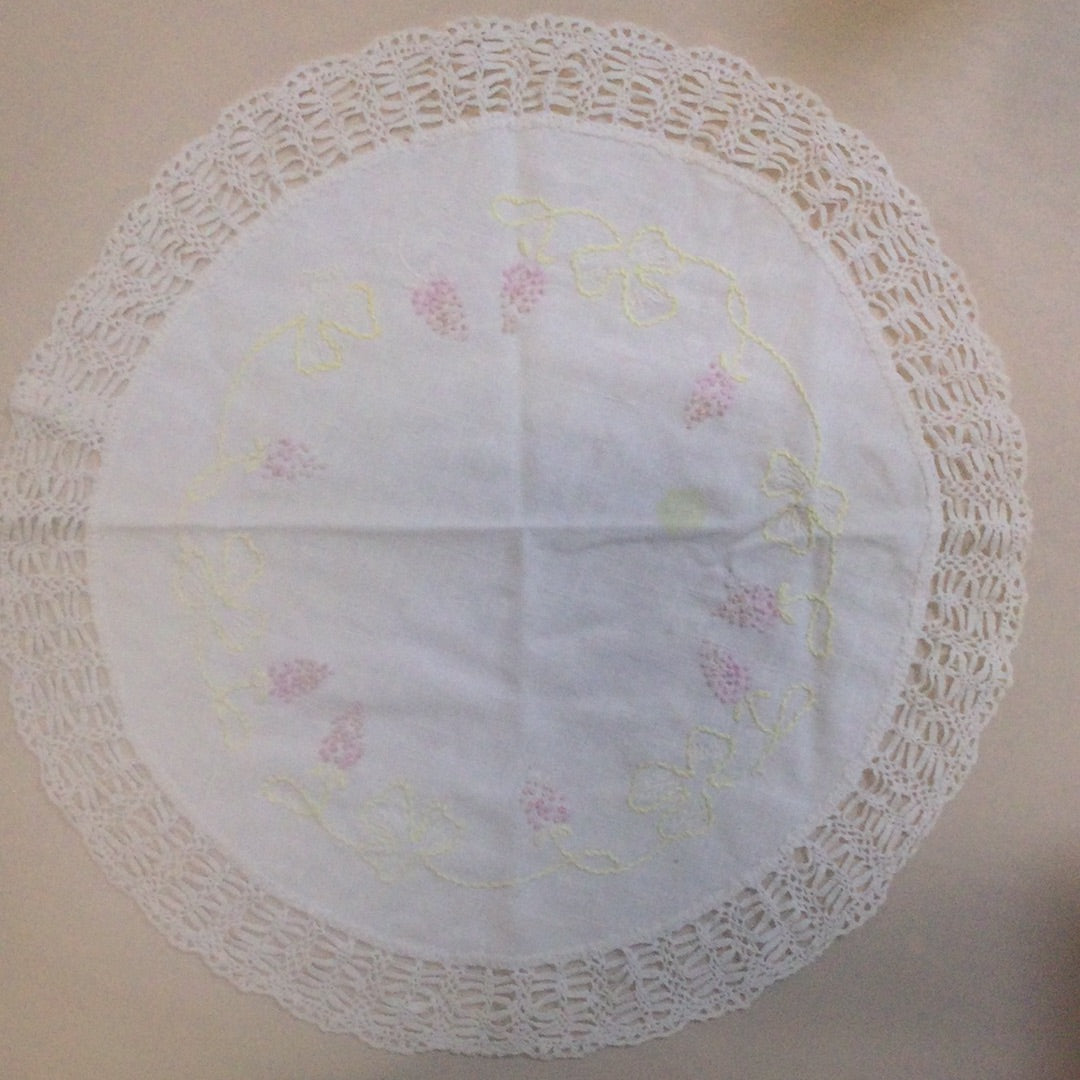 Doily-19” Round, Hand embroidered linen with crocheted edge with.with c