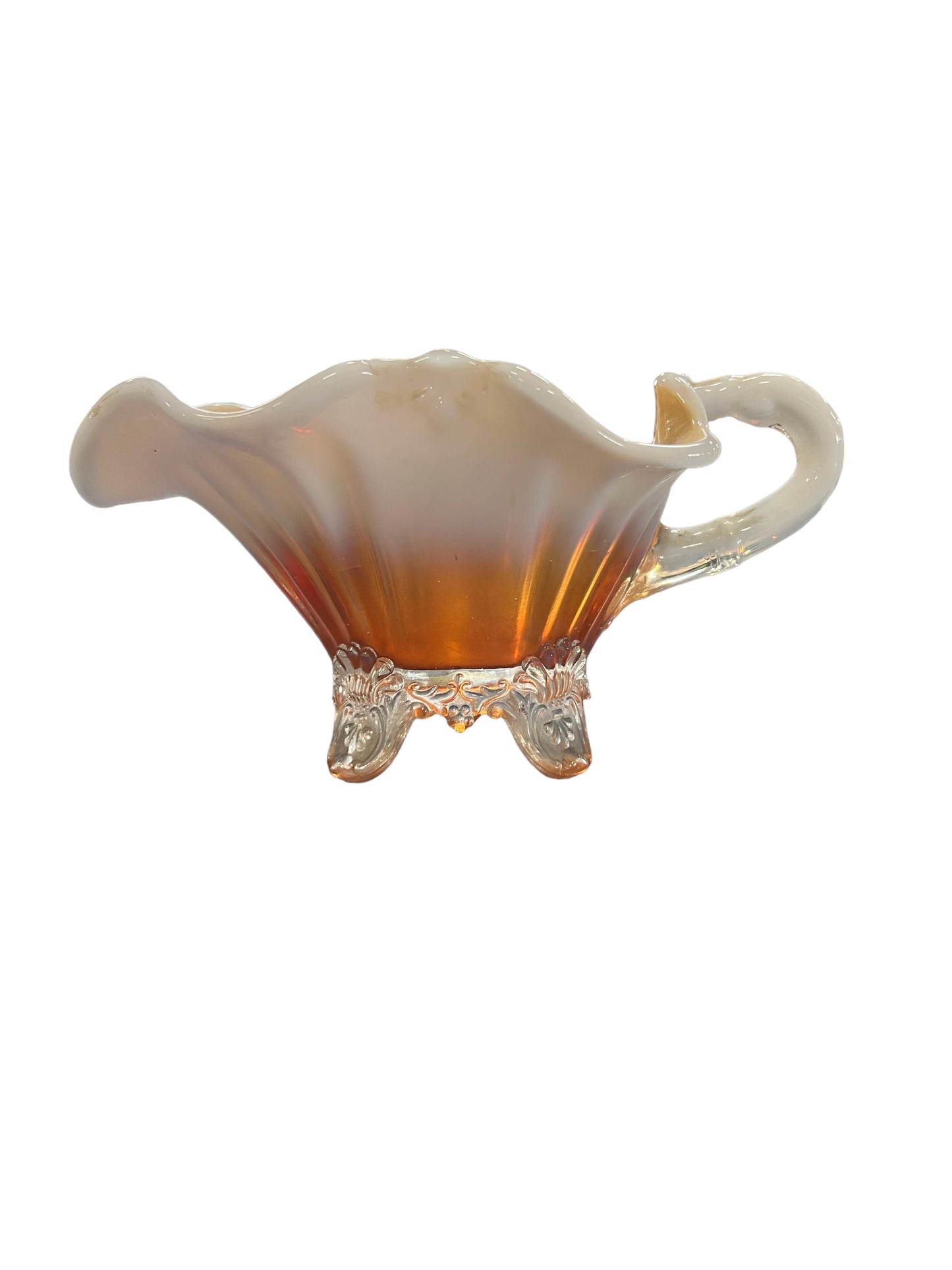 Fan Peach Marigold Opalescent Carnival Glass Dugan Fan/Scrolls Gravy Boat