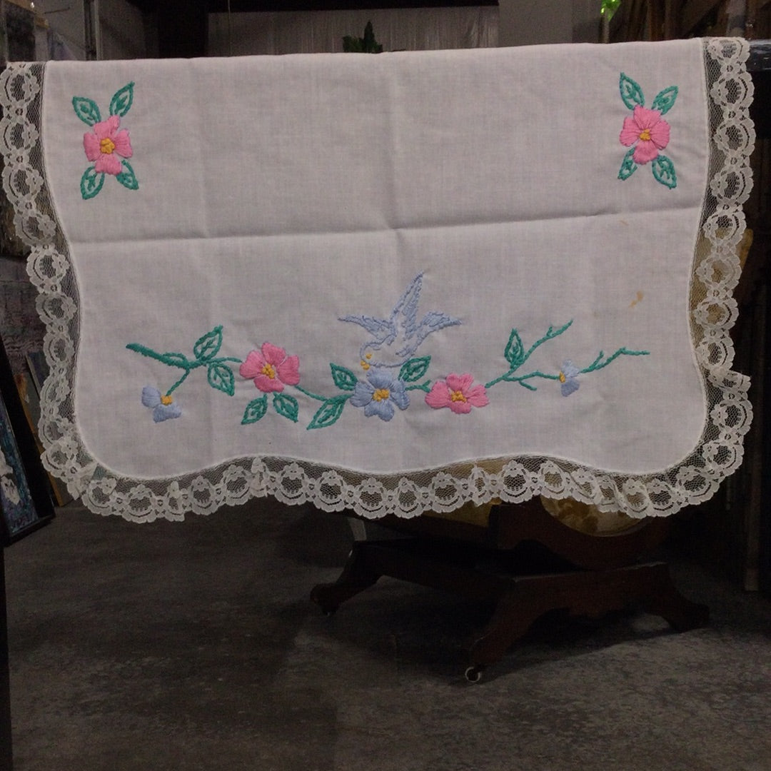 Hand Embroidered Table Runner with Lace Edging
