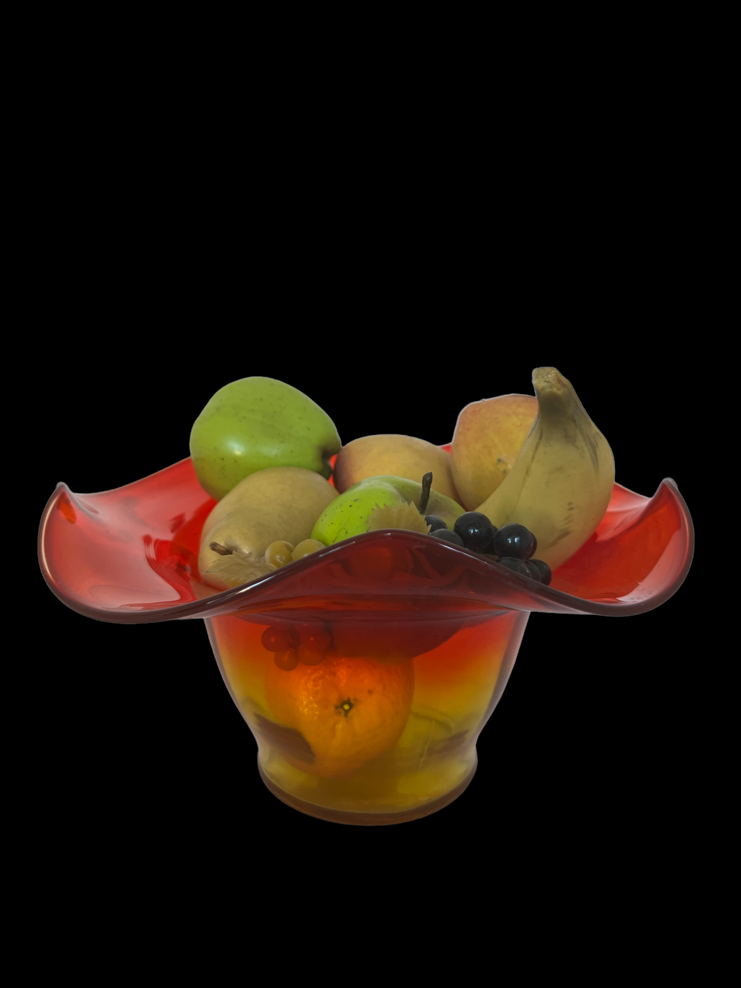 Mid Century Amberina glass ruffled edge fruit bowl