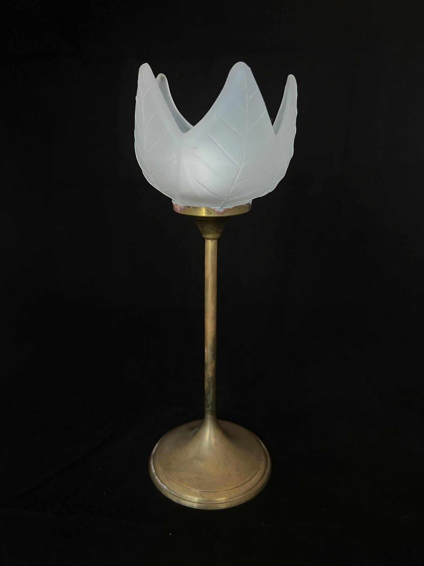 Brass and frosted glass tulip candle holder