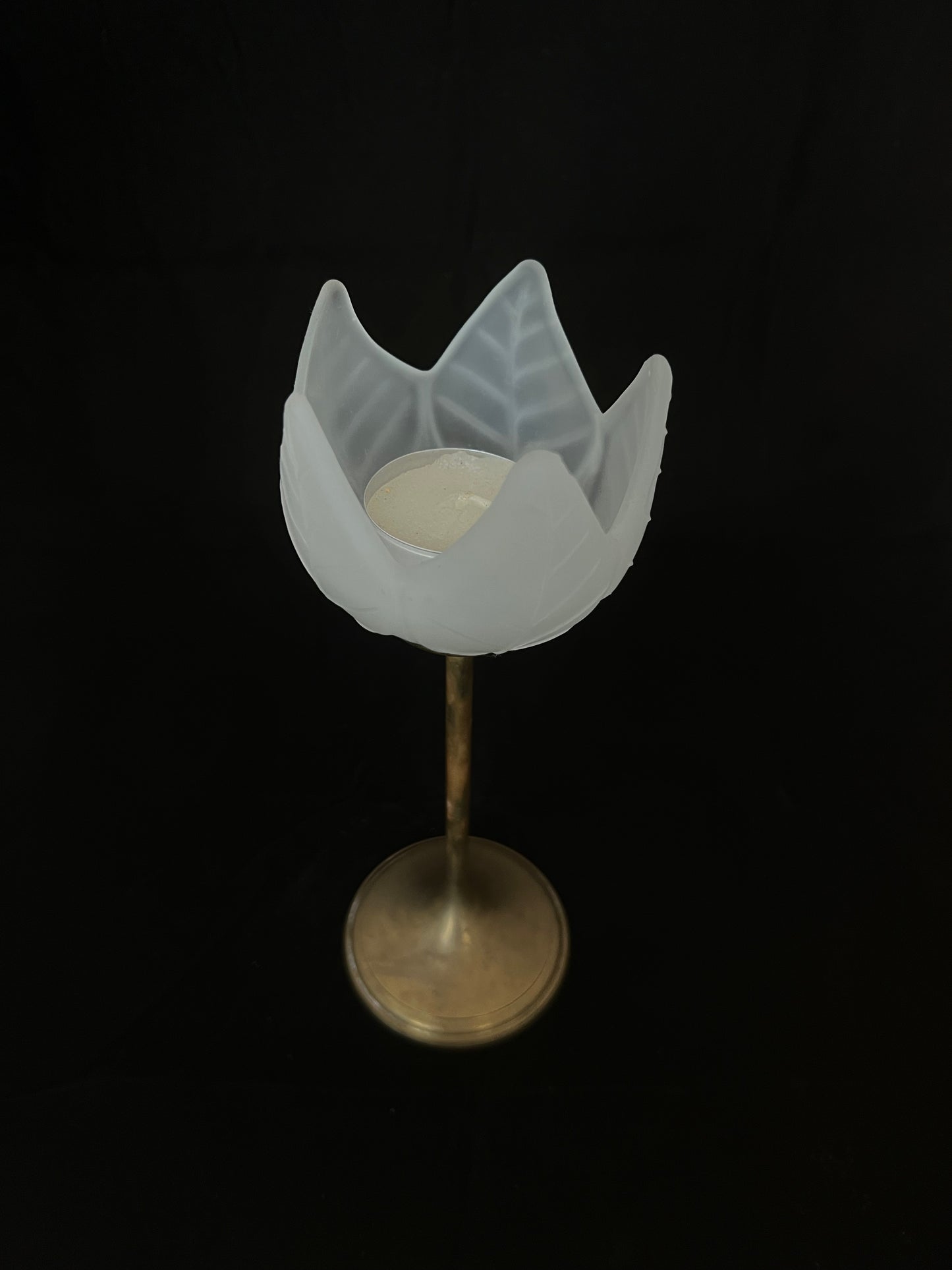 Brass and frosted glass tulip candle holder